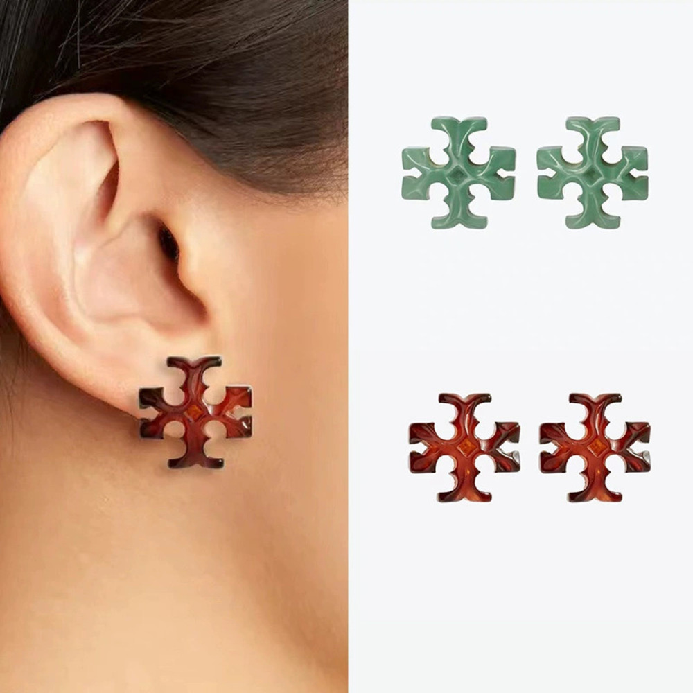 Tory Burch Double Sided Acrylic Letter Stud Earrings Gold Plated